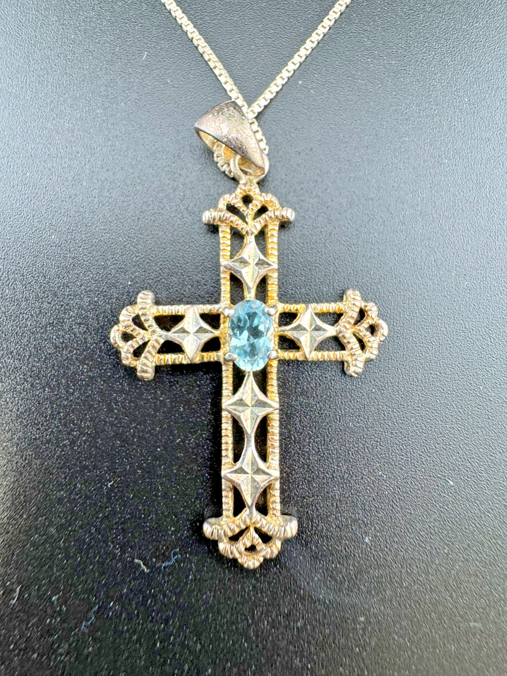Sterling Silver 925 Filigree Cross Pendant Blue Gem
